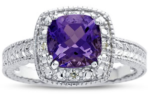 1 Carat Amethyst and Engraved Sterling Silver Diamond Ring