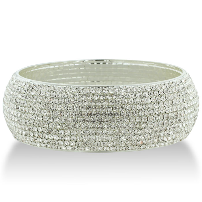 Dazzling Silver Tone Crystal 1" Wide Domed Bangle Bracelet