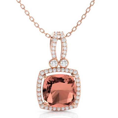 Morganite Necklace | Cushion Shape Morganite With Diamond Halo In 14 ...